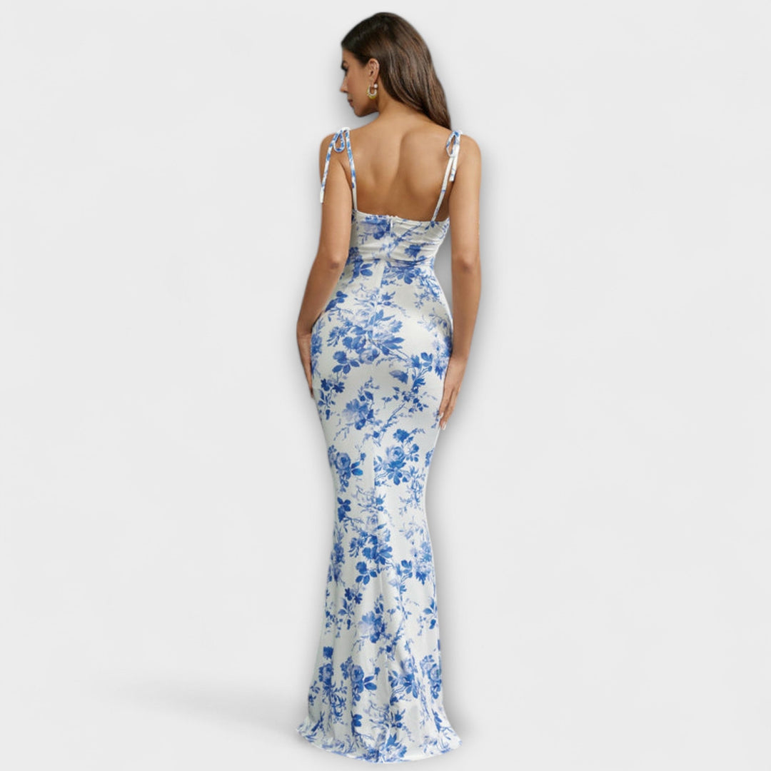 Thalia - Floral Print Prom Dress with Tied Shoulder Straps